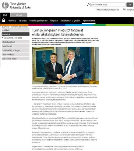 芬兰图尔库大学网站对伟德国际victor1946代表团访问的官方报道